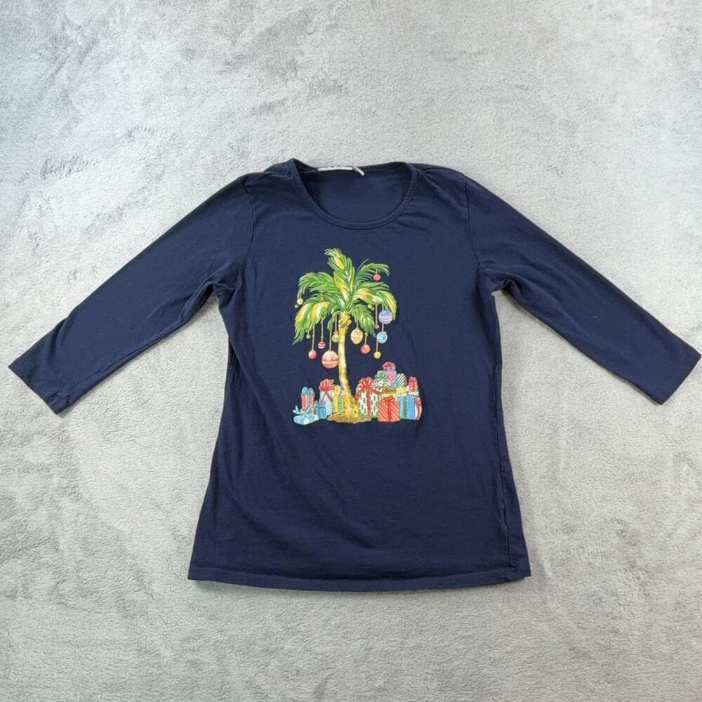 KIWI FRESH 3/4 Sleeve T-Shirt Girls S Blue Christmas Tree Graphic Cotton Crew